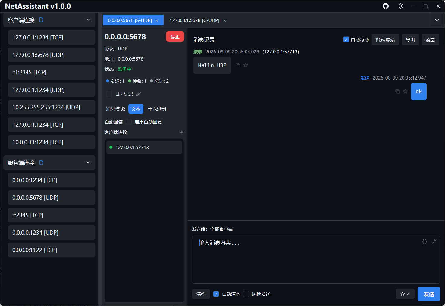 UDP 服务端暗黑模式截图